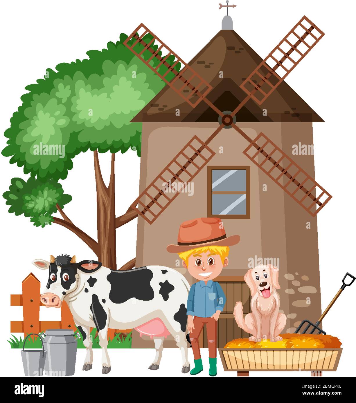 Scene with farmer and farm animals on the farm illustration Stock ...