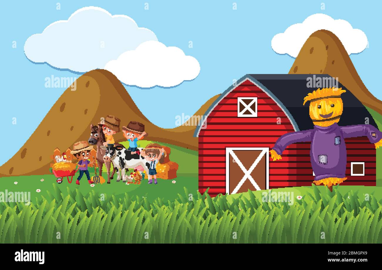 Farm scene with many kids and animals on the farm illustration Stock ...