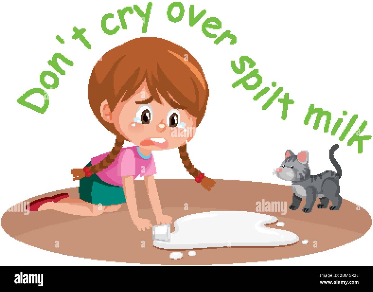 English idiom with picture description for dont cry over spilt milk on
