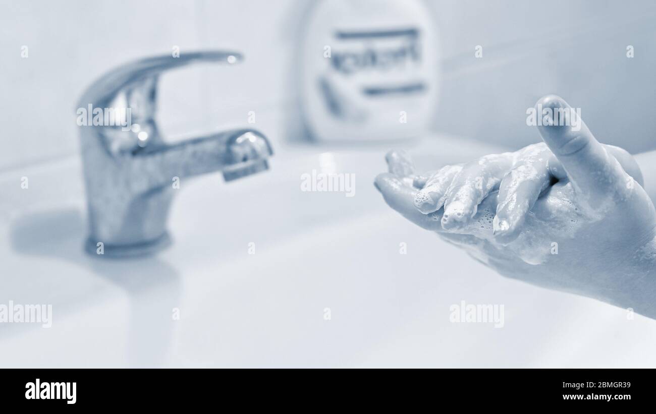 Thorough hand washing with disinfectant soap. Quarantine - domestic hygiene. Measures against coronavirus disease. (COVID-19) Stock Photo