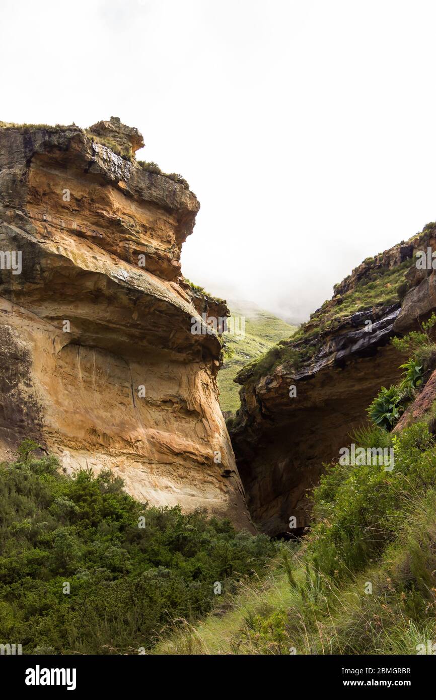 a Slot canyon in the Golden Gate National Park, South Africa, in the early morning with the mountains in the background still covered in mist Stock Photo