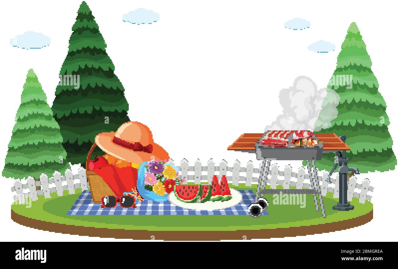 Scene with BBQ grill and picnic basket in the garden illustration Stock ...