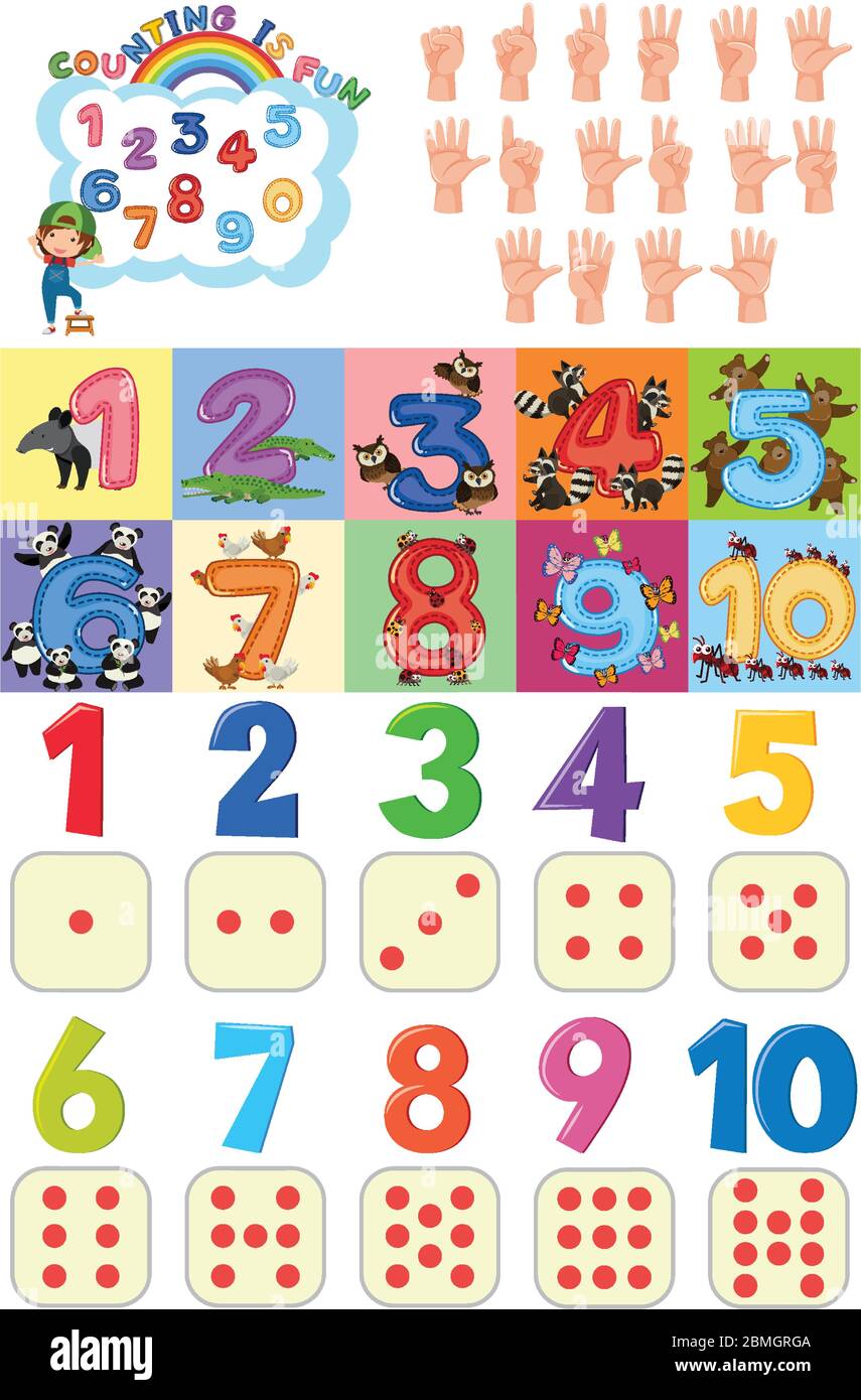 Counting numbers with hands and dots on white background illustration ...