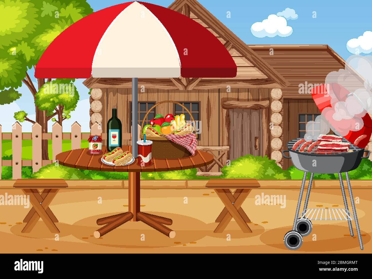 Scene with BBQ grill and food on the picnic table illustration Stock