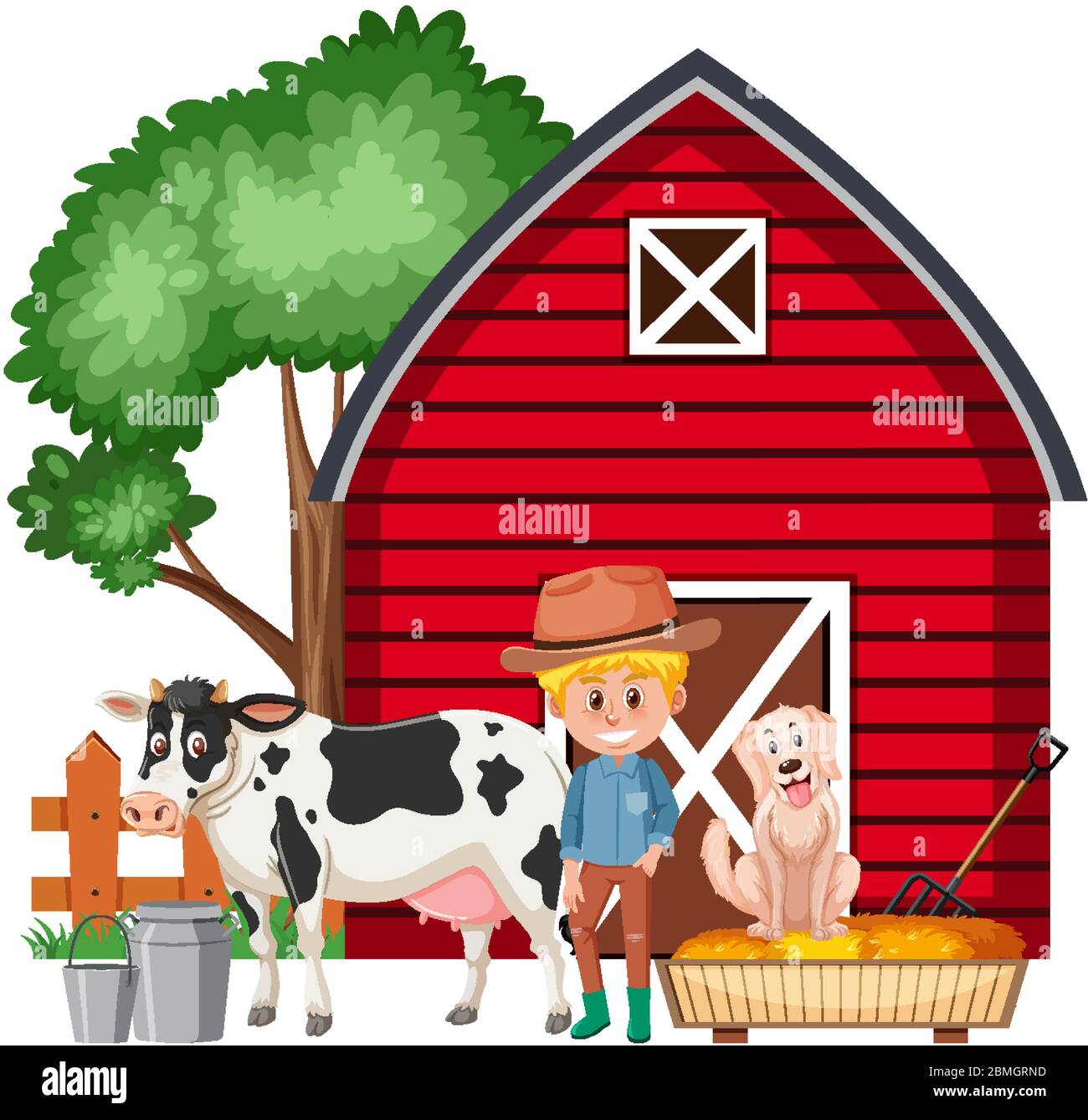 Scene with farmer and animals on the farm illustration Stock Vector ...