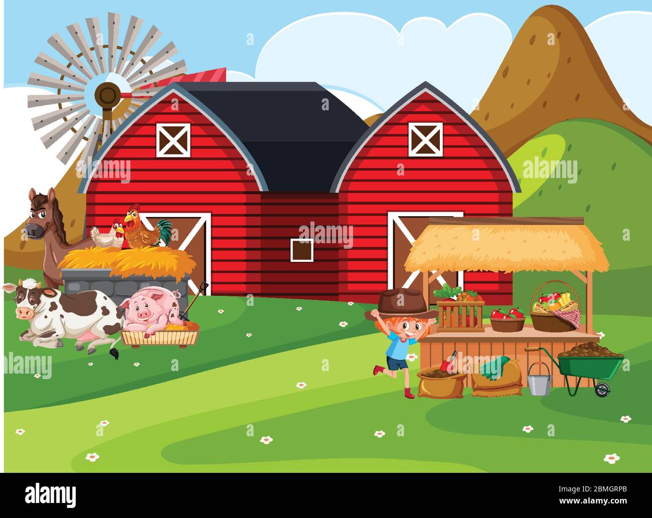 Farm scene with girl and many animals on the farm illustration Stock ...