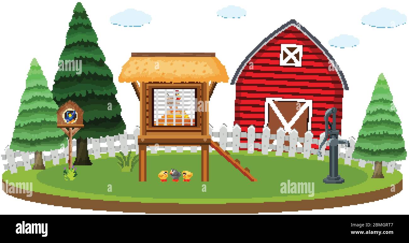 Farm scene with chicken coop and barn illustration Stock Vector Image ...
