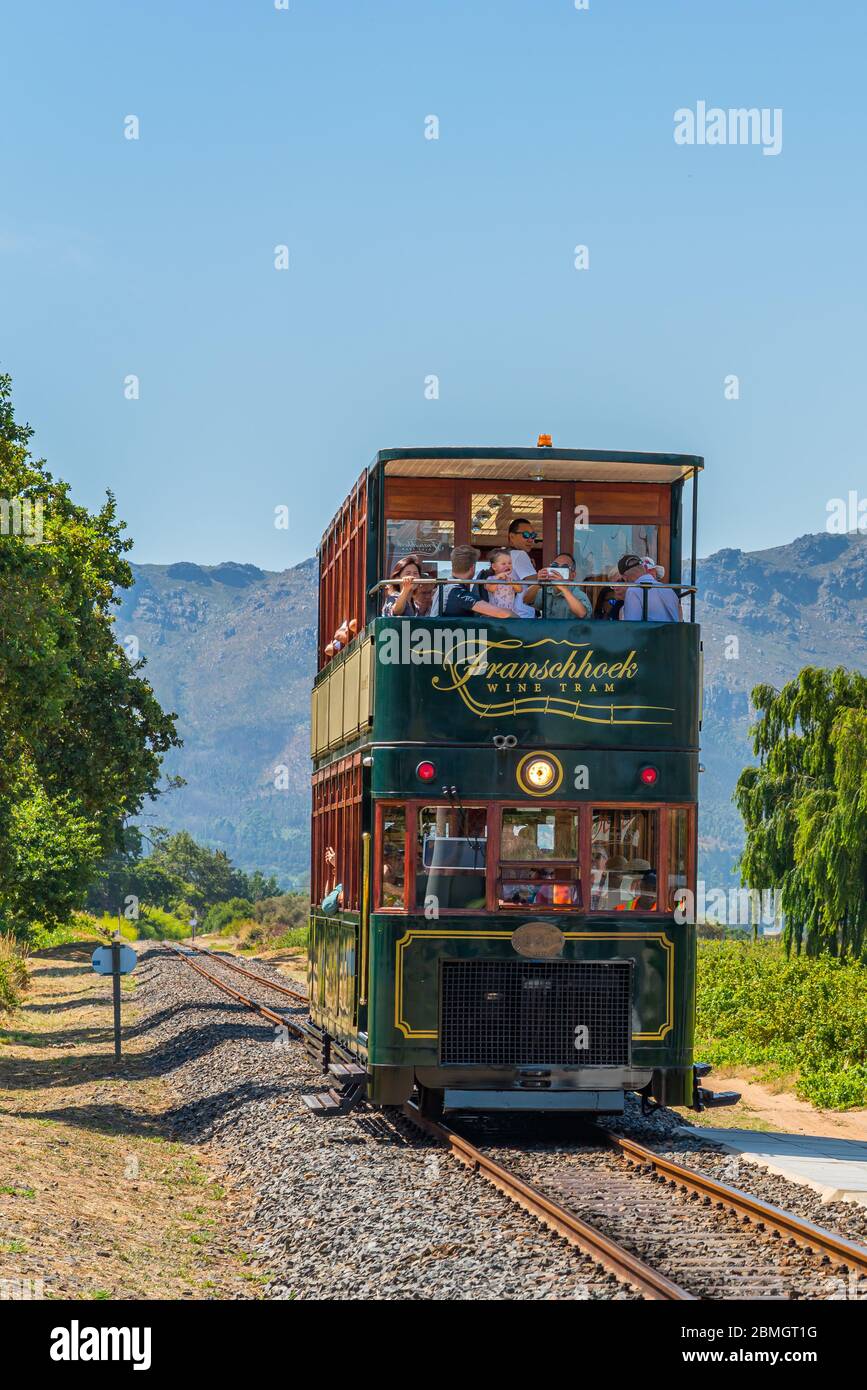 FRANSCHHOEK WESTERN CAPE SOUTH AFRICA - FEBRUARY, 02. 2020 - Rickety Bridge Winery railway station for tourist tram ride between vineyards in the Fran Stock Photo