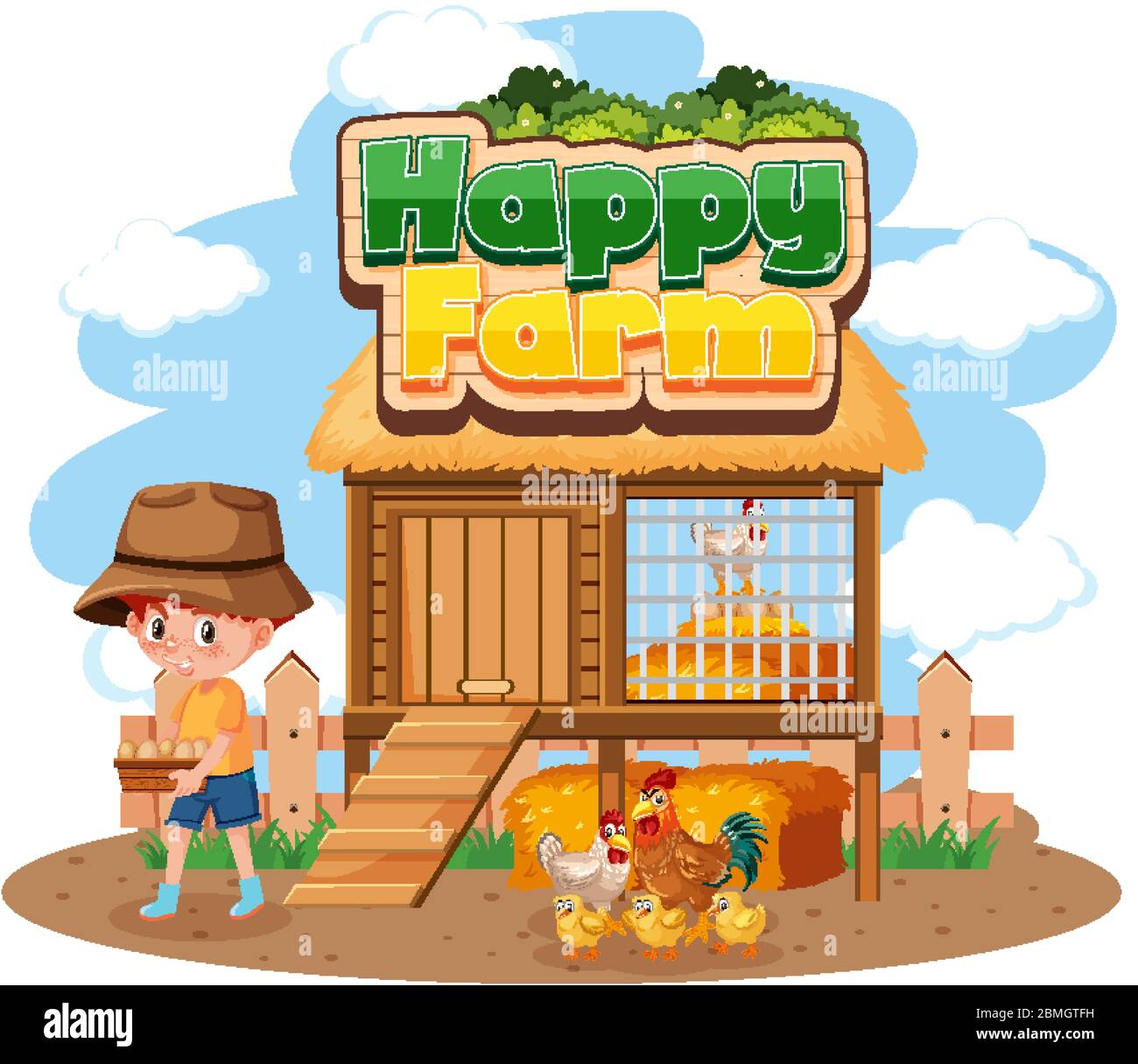 Scene with happy farm sign and boy working on the farm illustration ...