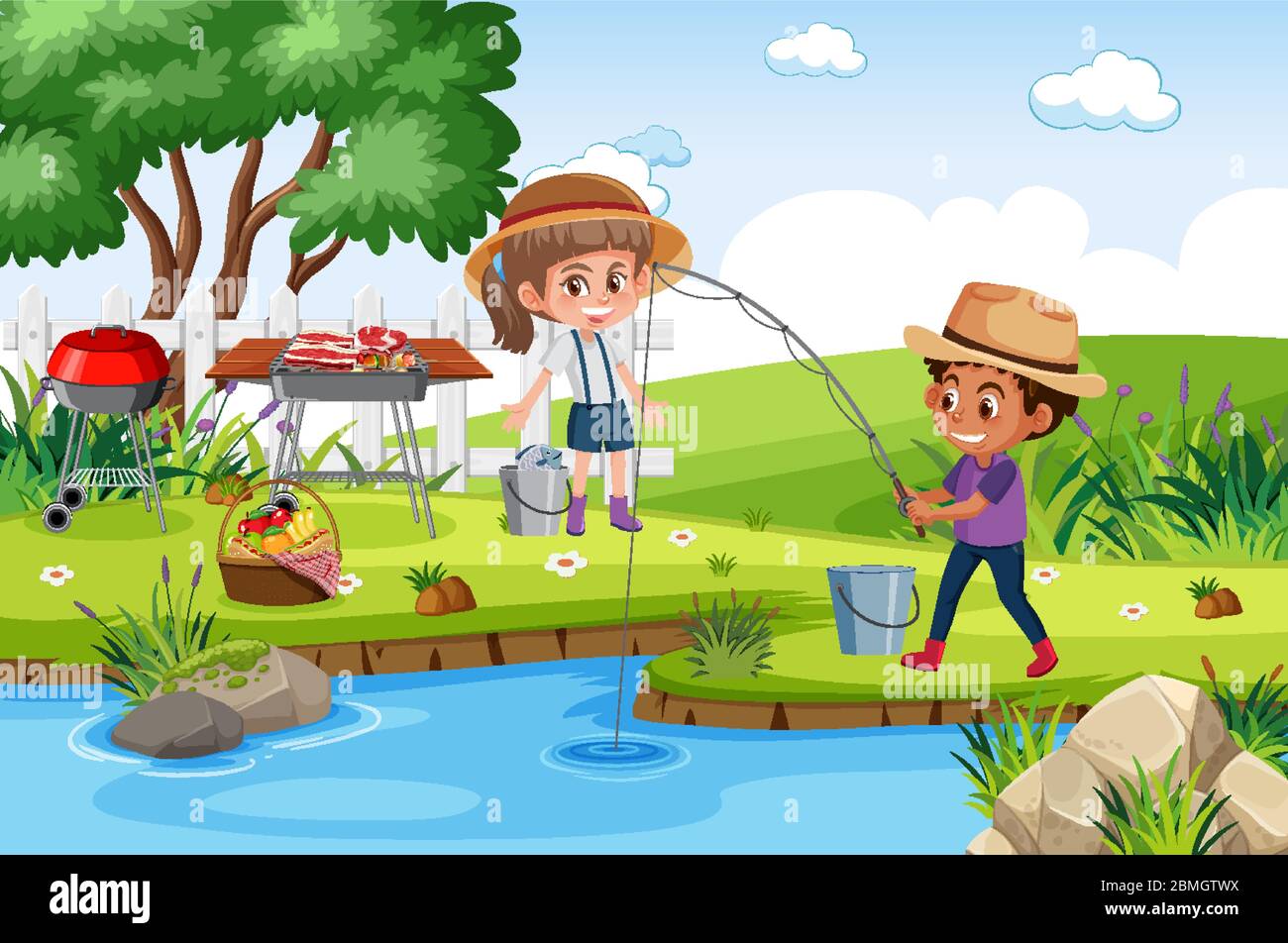Background scene with kids fishing in the park illustration Stock