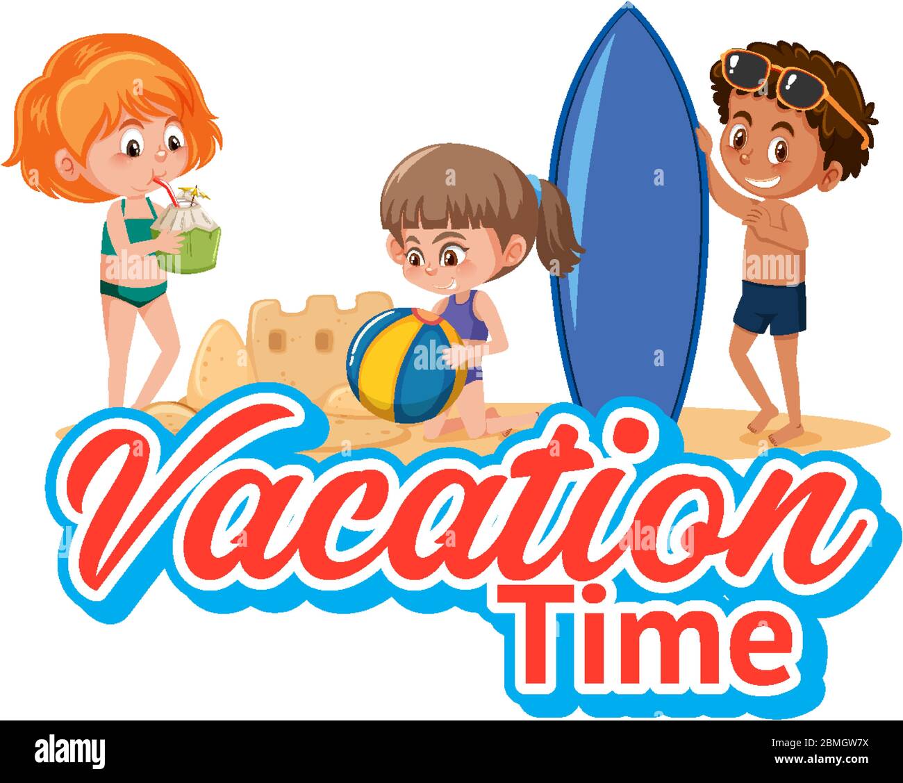 Font Design For Vacation Time With Kids Playing On The Beach