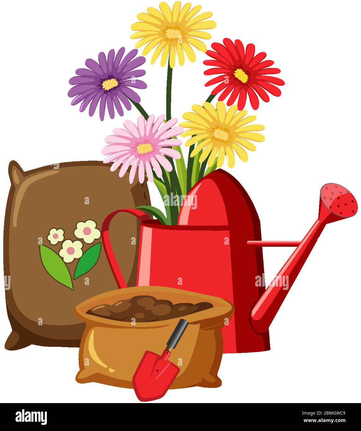 Colorful flowers in watering can on white background illustration Stock ...