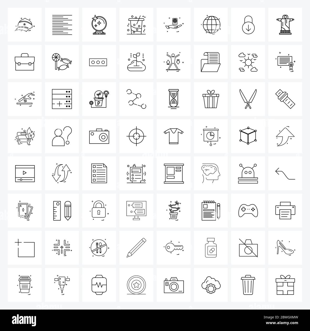 Pixel Perfect Set of 64 Vector Line Icons such as travelling, party, mirror, soda, soft Vector Illustration Stock Vector