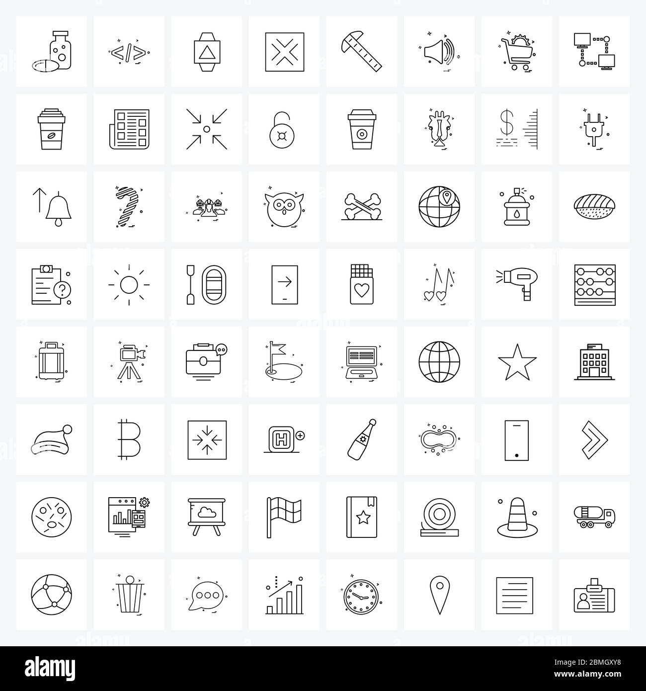 Isolated Symbols Set of 64 Simple Line Icons of tools, hammer, device