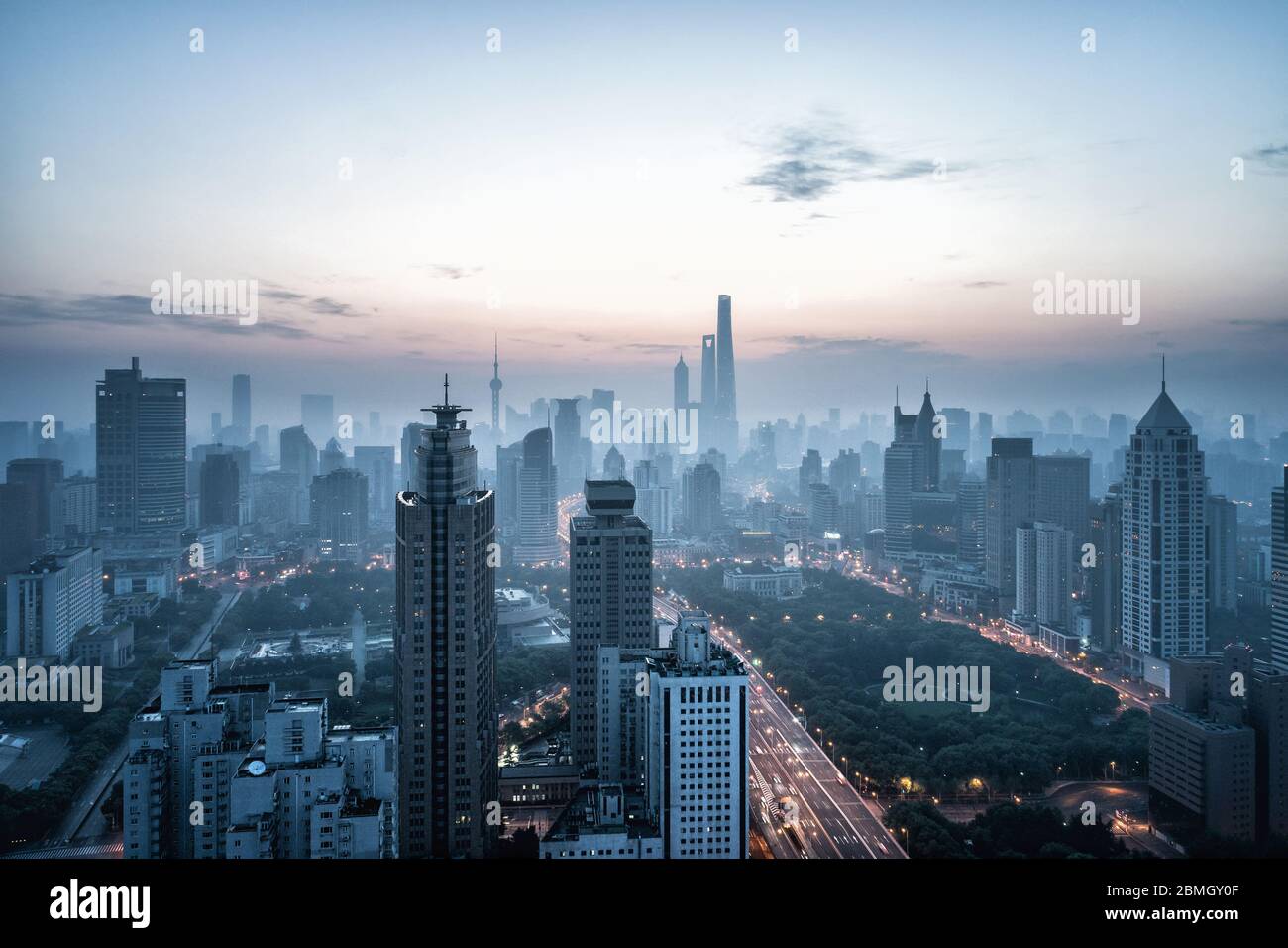 aerial view of shanghai city in foggy dawn Stock Photo - Alamy