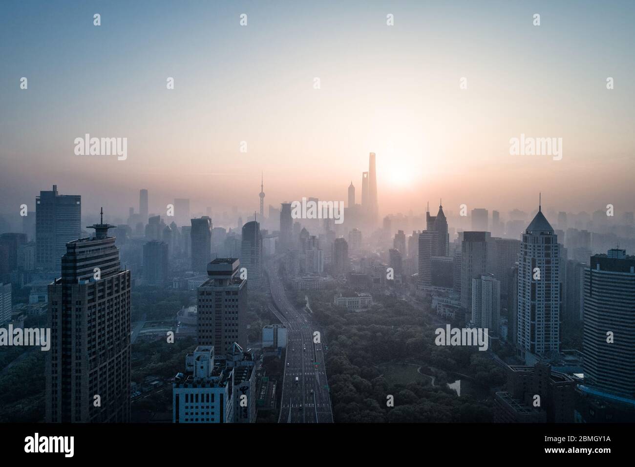 aerial view of shanghai city in foggy dawn Stock Photo - Alamy
