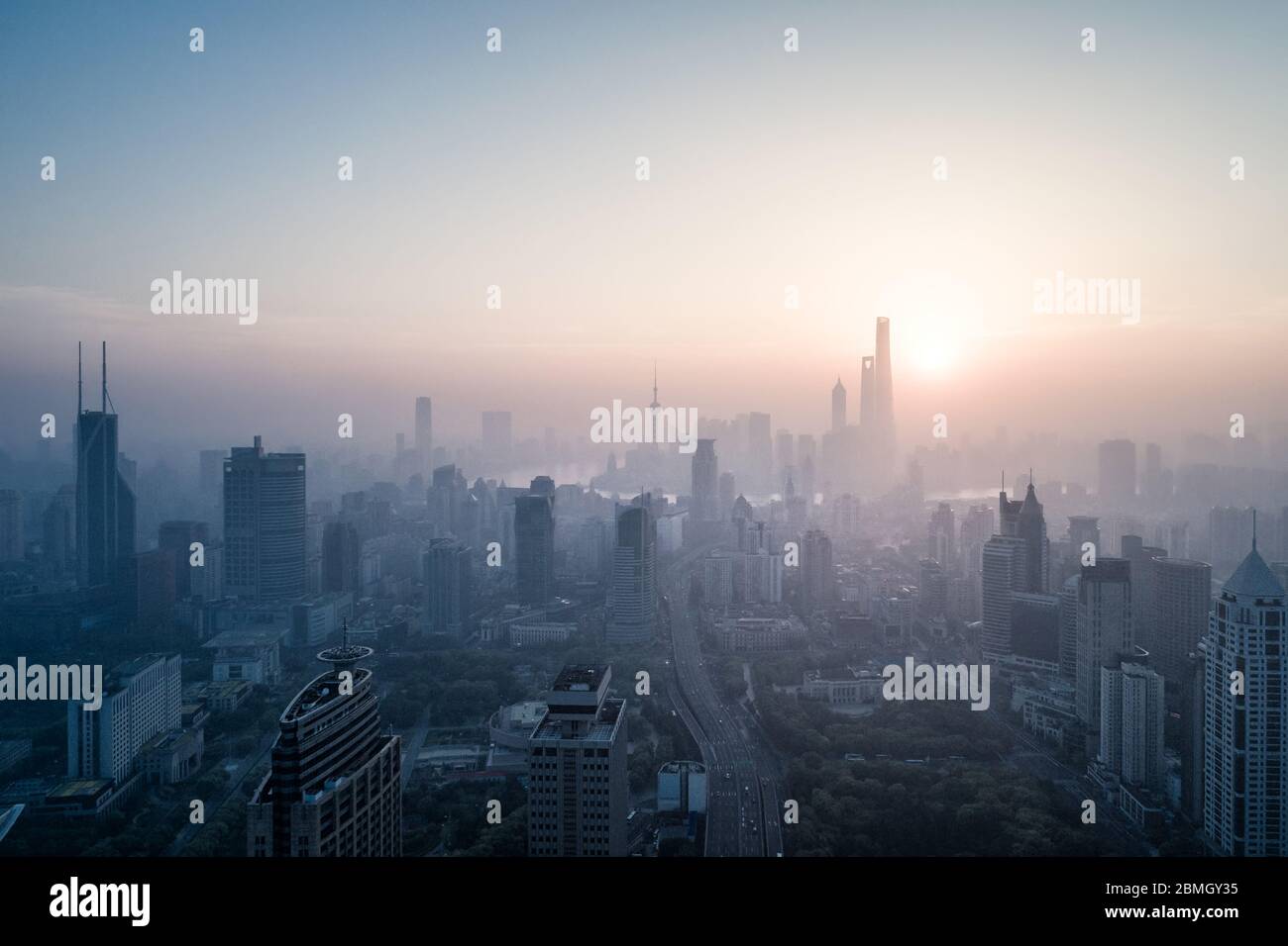 aerial view of shanghai city in foggy dawn Stock Photo - Alamy