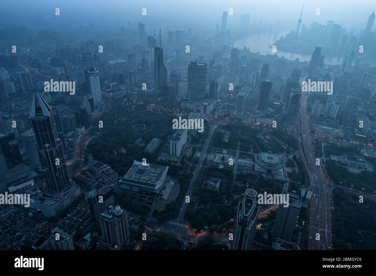 aerial view of shanghai city in foggy dawn Stock Photo - Alamy