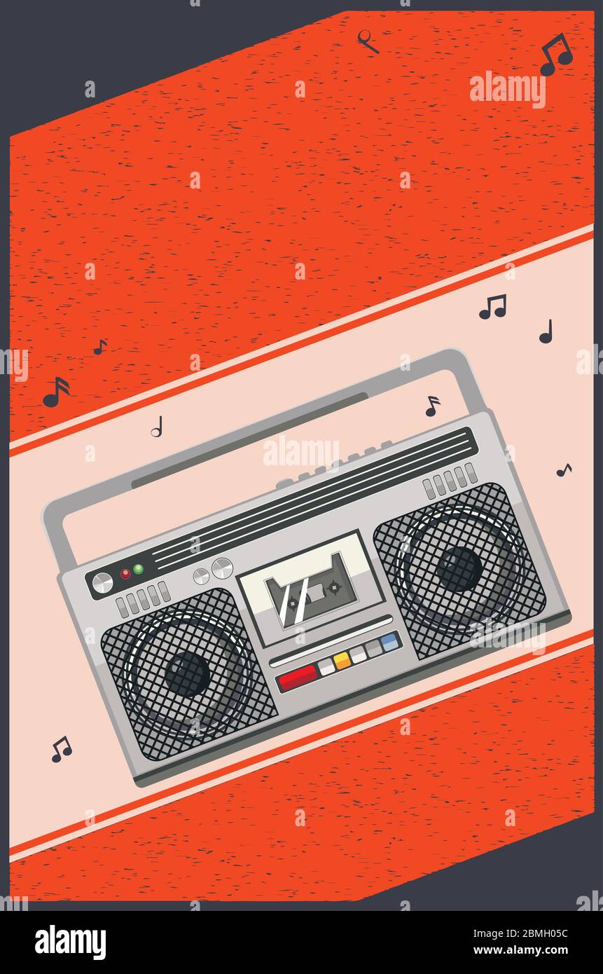 Funky 80s music poster with portable radio cassette player, boombox