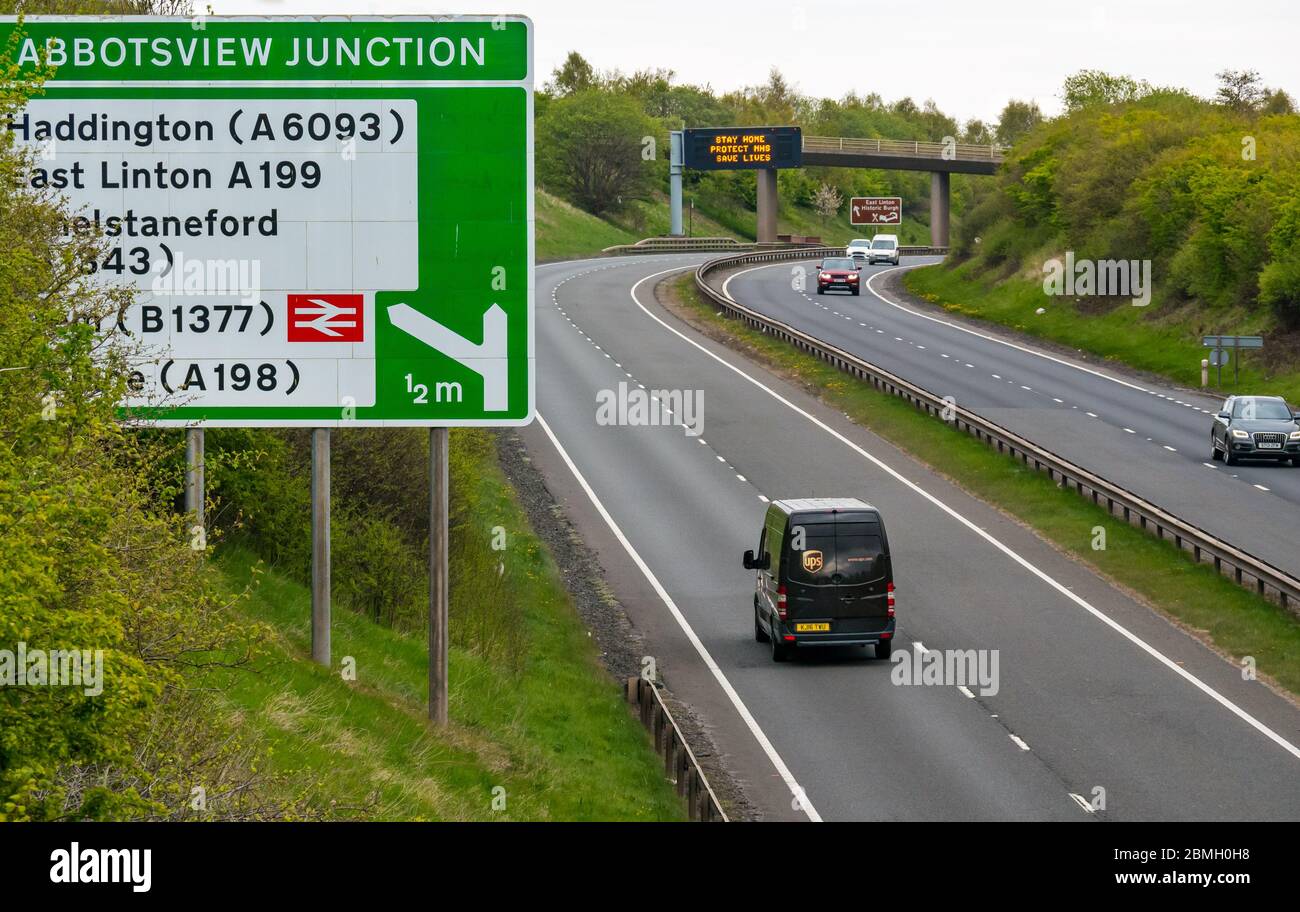 UPS delivery van on A1 during Covid-19 Coronavirus pandemic lockdown near Haddington, East Lothian, Scotland, UK Stock Photo