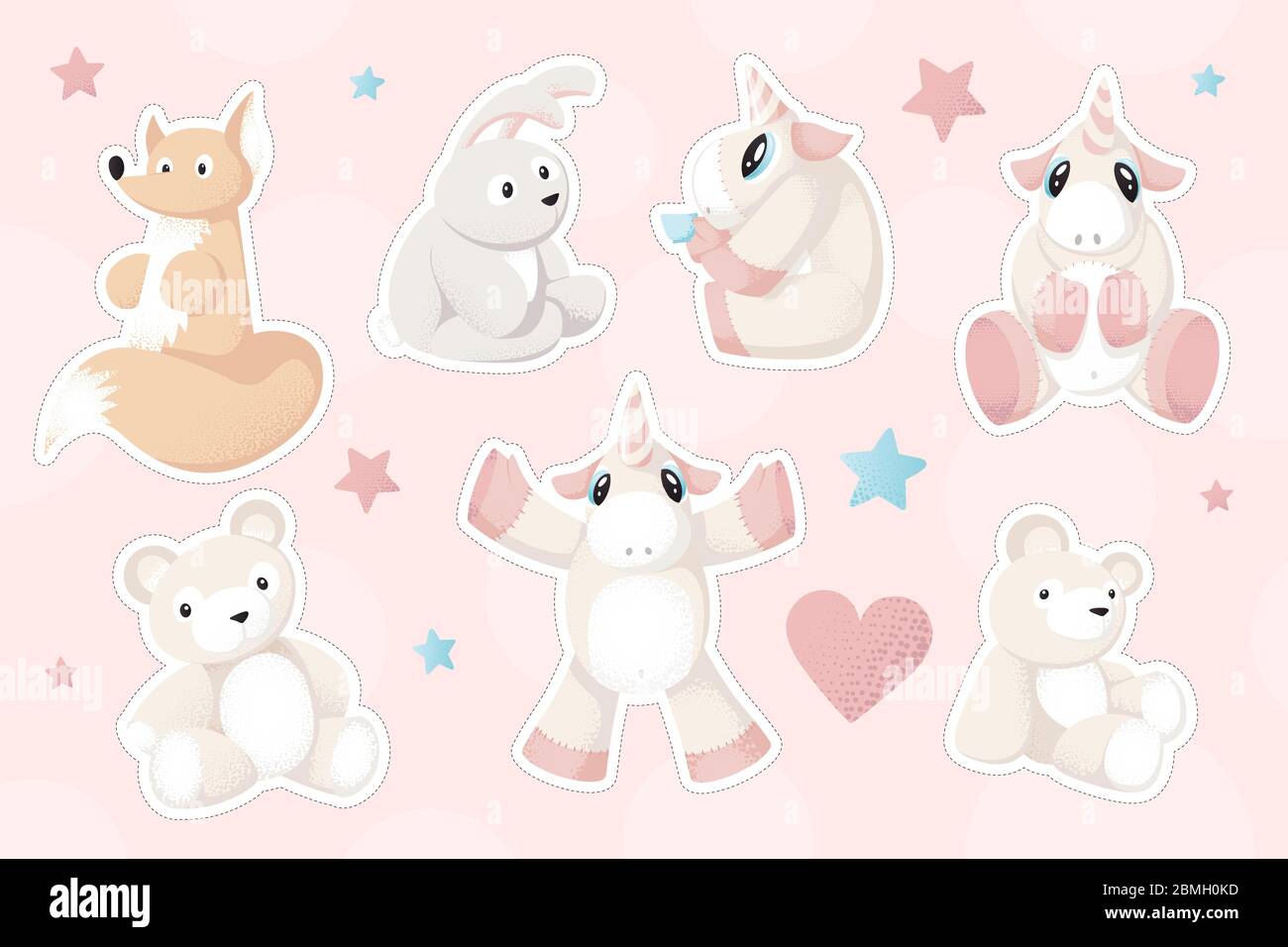 Set of hand drawn cartoon style stickers, animals and unicorns ...