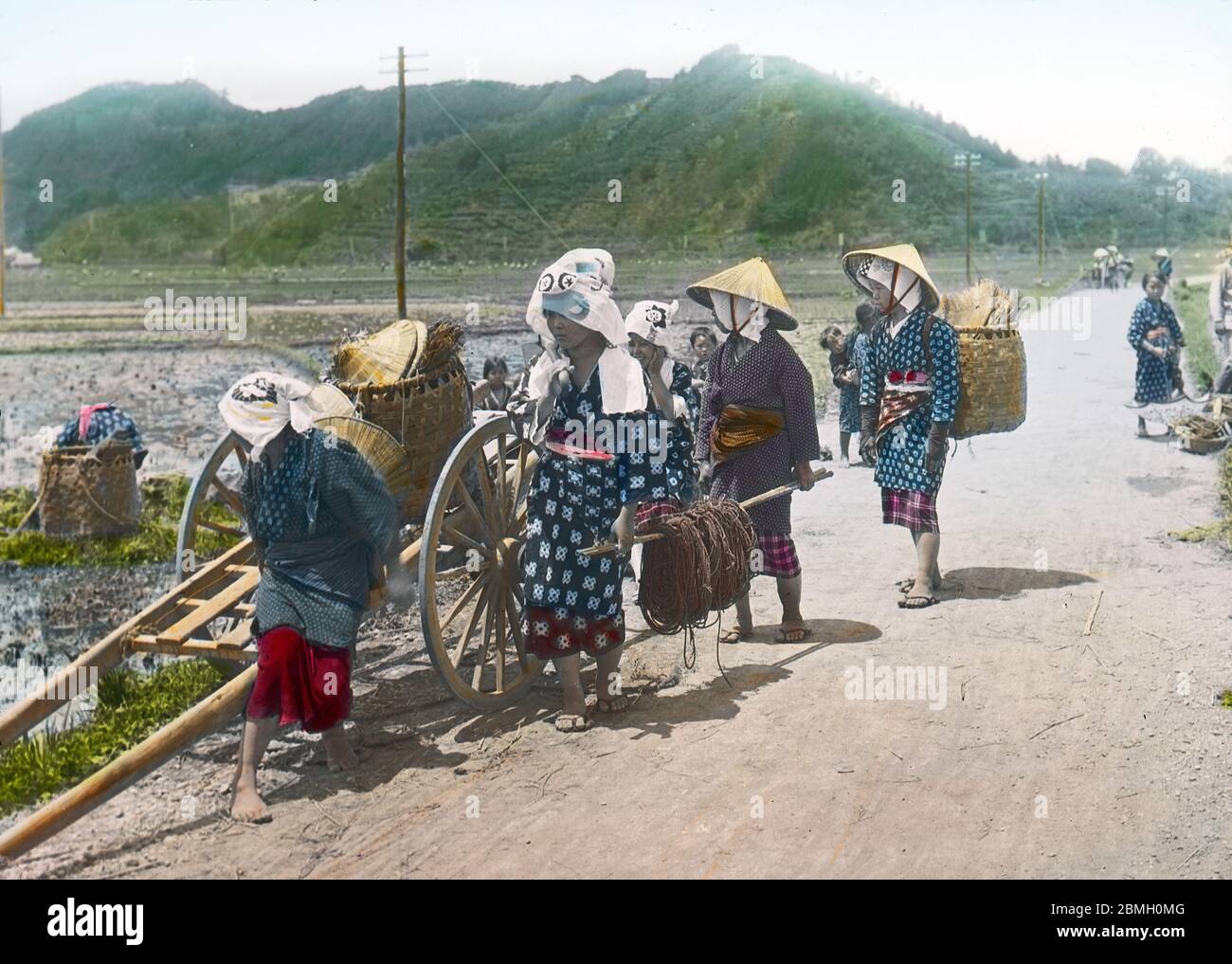 [ 1900s Japan - Japanese Country Girls at Work ] —   Five young female farmers on the road.  20th century vintage glass slide. Stock Photo