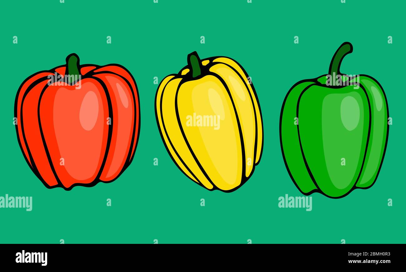 Vector hand drawn cartoon illustration of bell peppers. Sketch of farm and garden vegetable, harvesting season. Set of icons isolated on green background Stock Vector