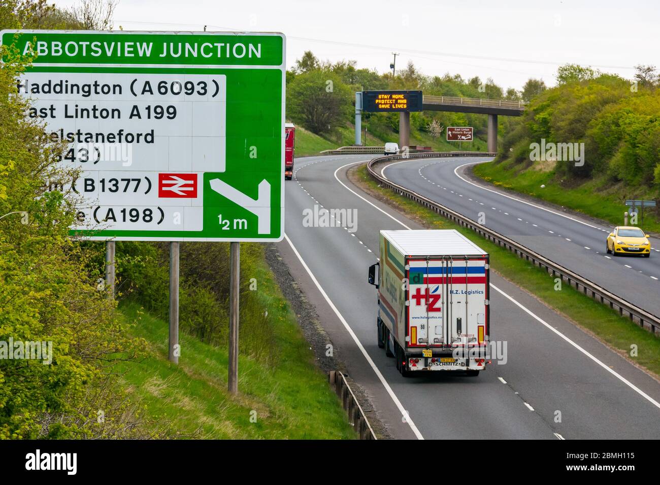 Traffic with Dutch lorry on A1 during Covid-19 Coronavirus pandemic lockdown near Haddington, East Lothian, Scotland, UK Stock Photo