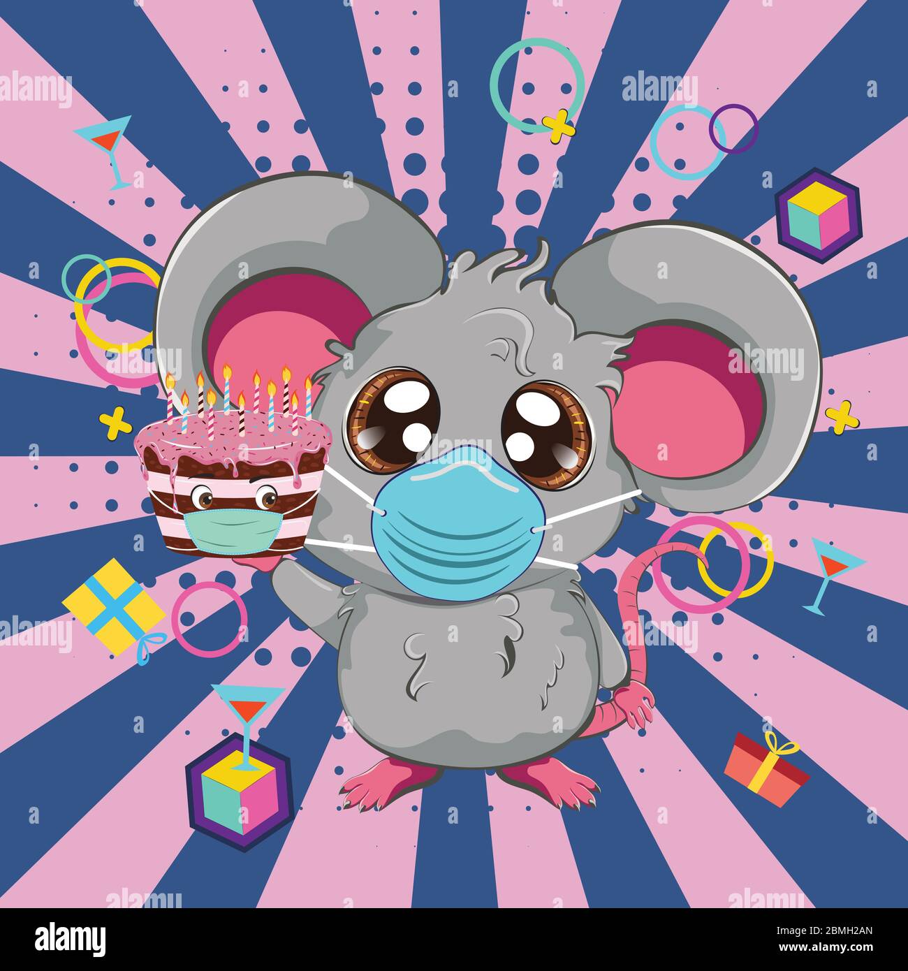 Cartoon kawaii anime grey mouse or rat in face mask with chocolate cake design. Stock Vector