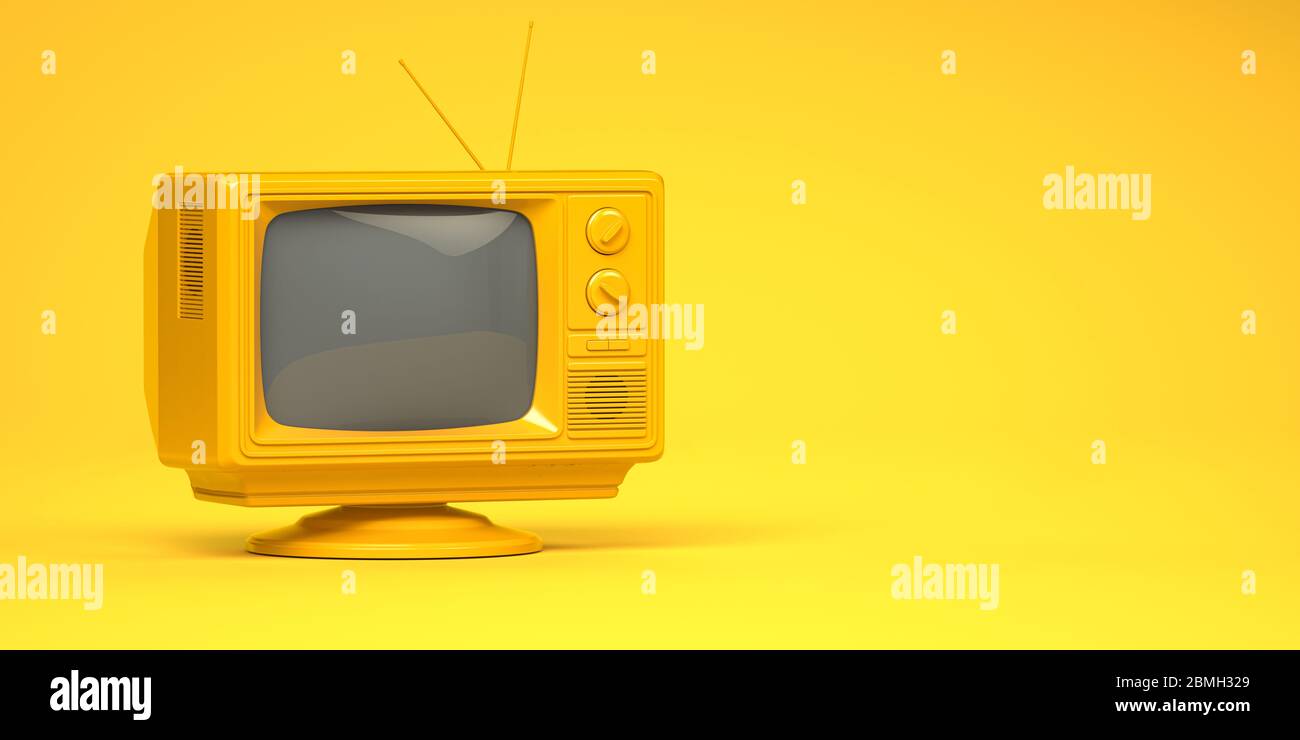 Yellow vintage tv set on yellow background. 3d illustration Stock Photo
