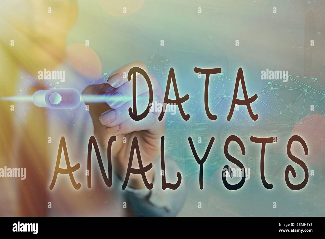 Writing note showing Data Analysts. Business concept for Programmer Design and Create Report Identifies patterns Stock Photo