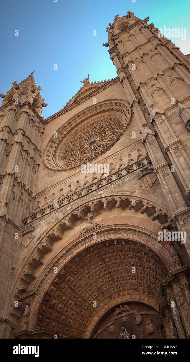 Facade of Santa Maria Cathedral in Palma de Mallorca on the balearic island of Majorca (Mallorca), Spain against blue sky Stock Photo