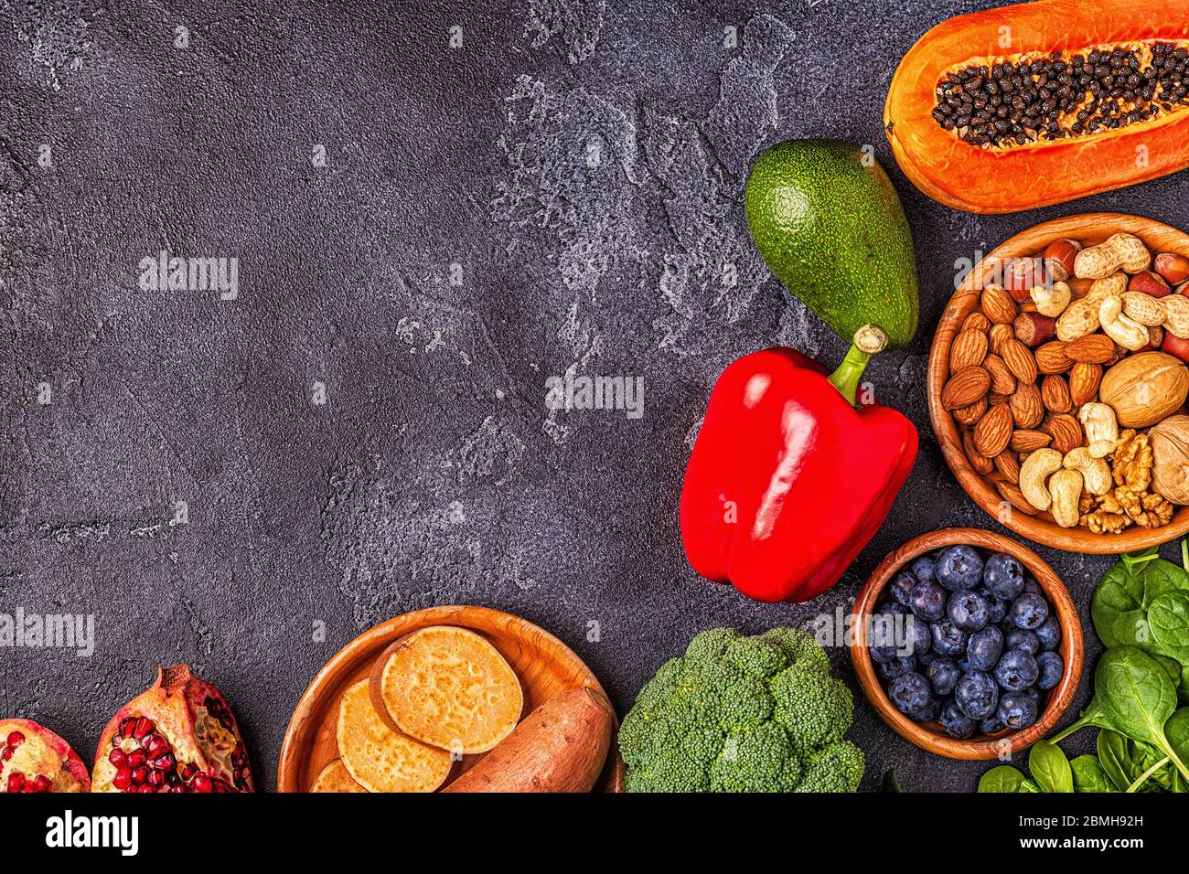 Antiaging food healthy fruits, vegetables, nuts. Top view Stock