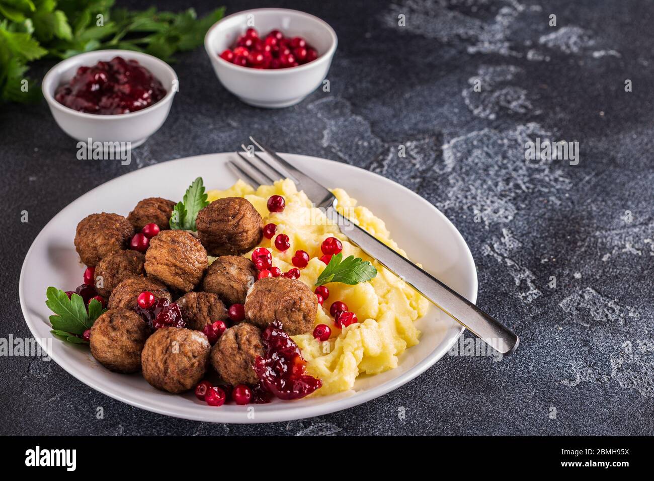 Homemade Swedish Meatballs with Cream Sauce and Parsley, Selective focuse Stock Photo