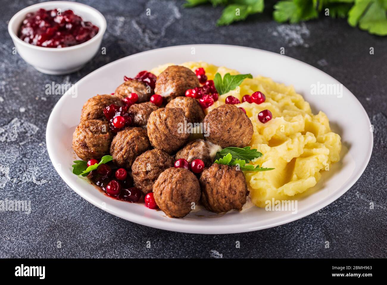 Homemade Swedish Meatballs with Cream Sauce and Parsley, Selective focuse Stock Photo