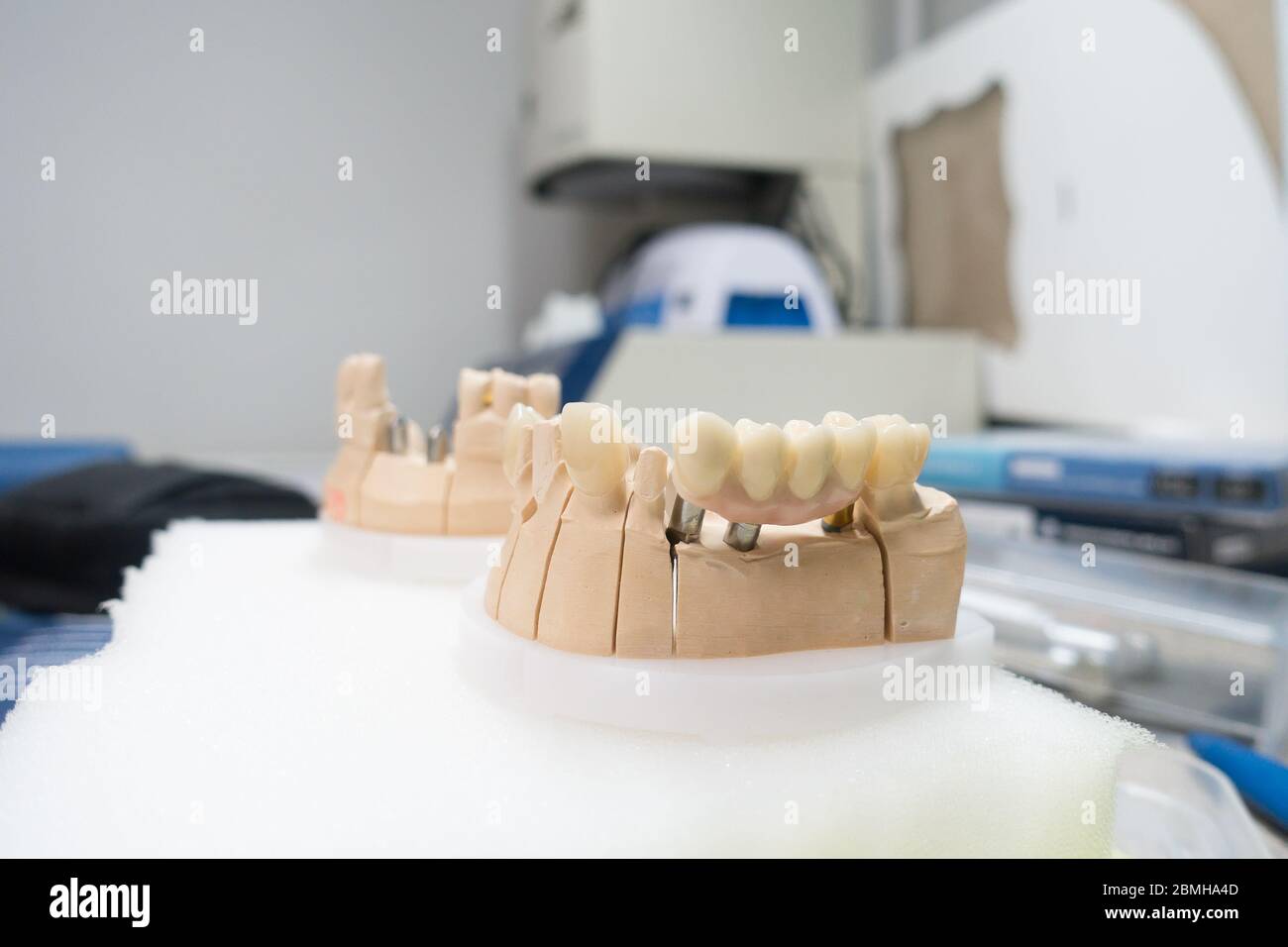 workplace of a dental technician for the manufacture of dental prostheses on implants Stock Photo
