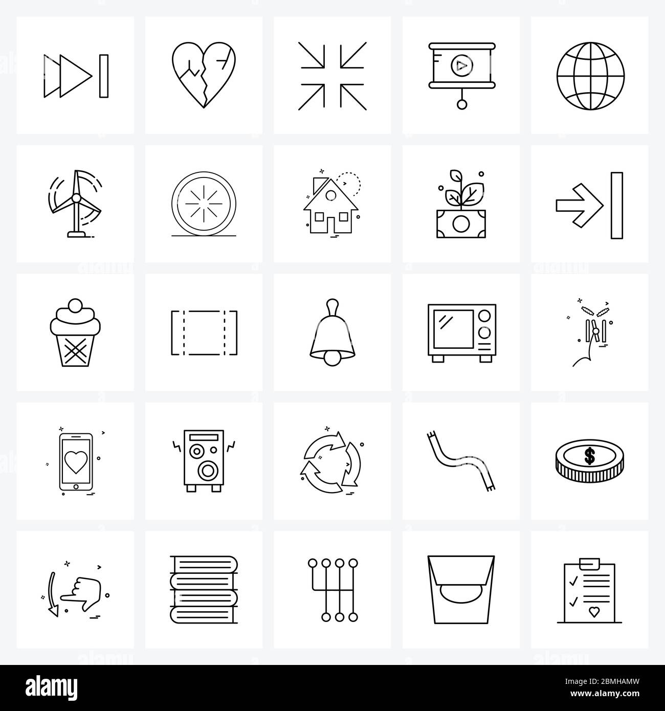 25 Interface Line Icon Set of modern symbols on air turbine, global ...