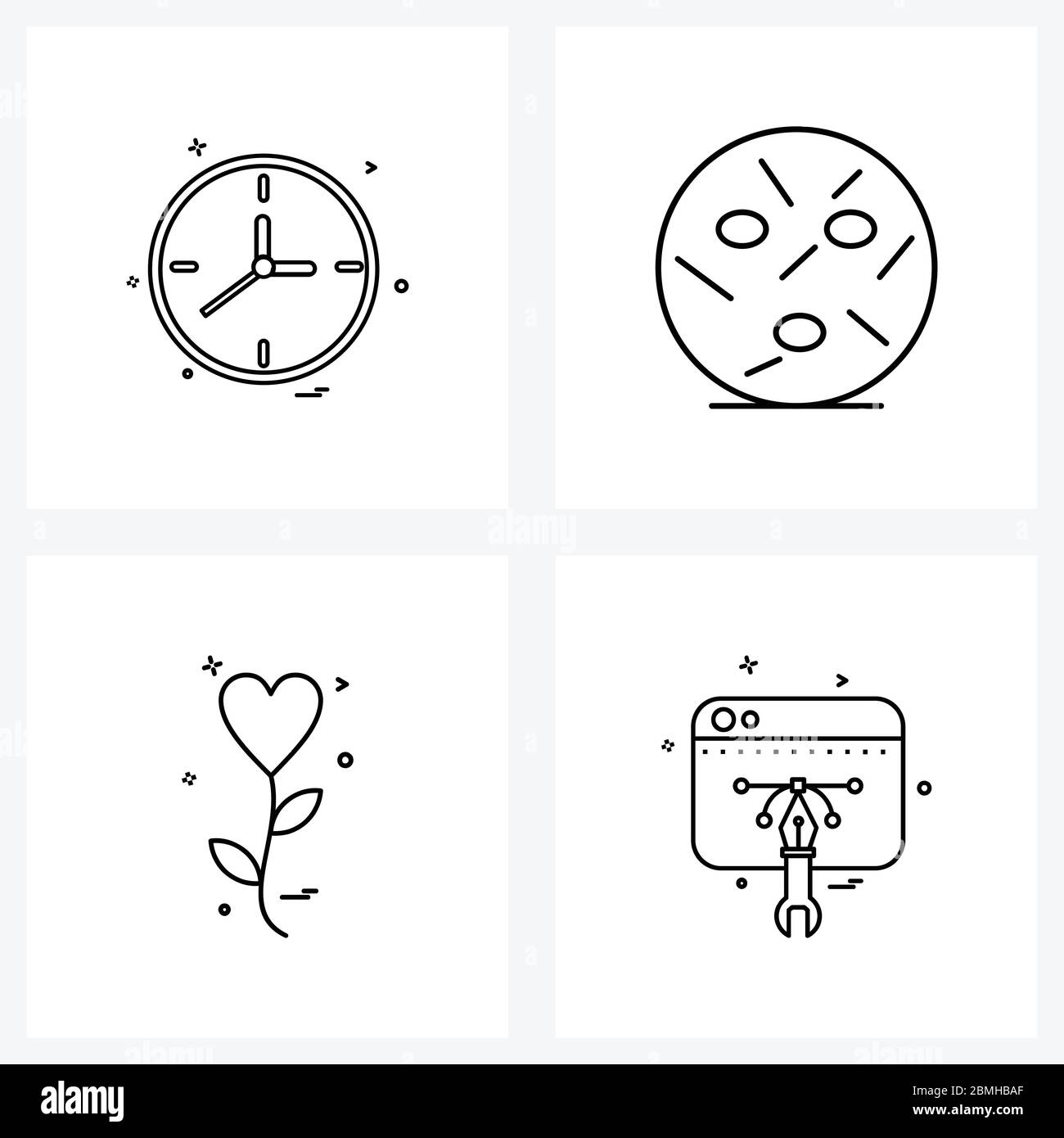 Line Icon Set of 4 Modern Symbols of clock, heart flower, minutes, eye