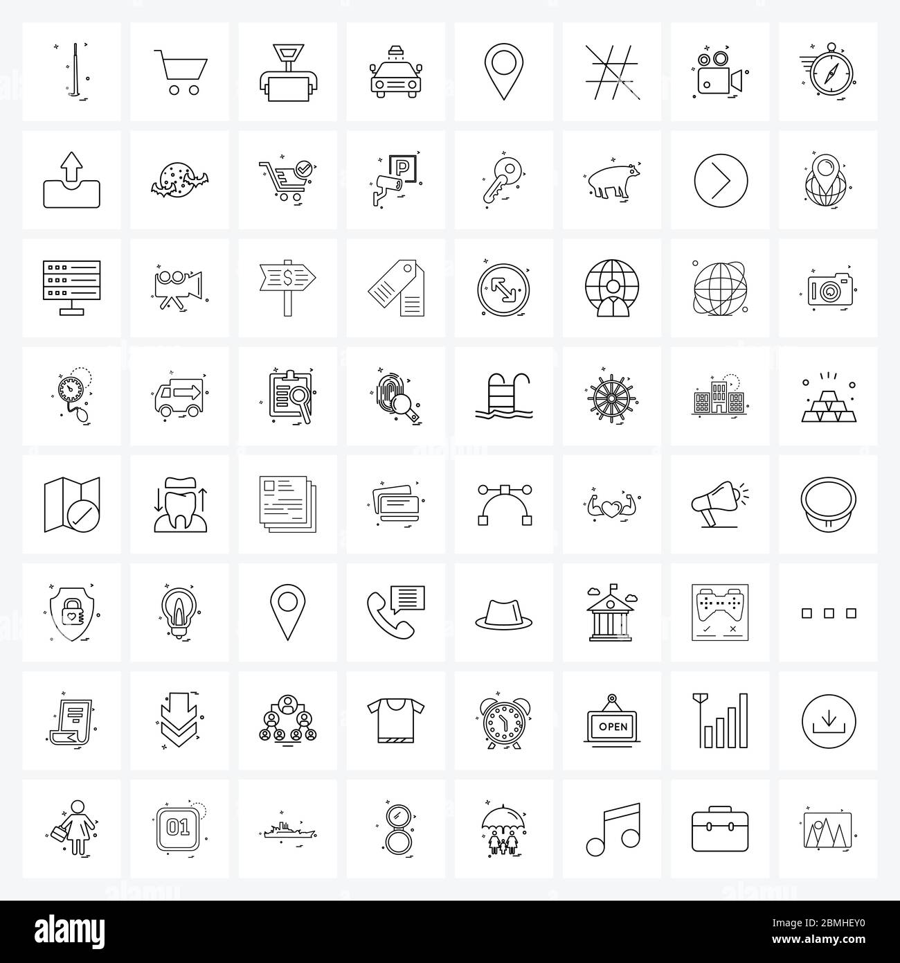 Set of 64 UI Icons and symbols for location, map, sport, map navigation, vehicle Vector Illustration Stock Vector