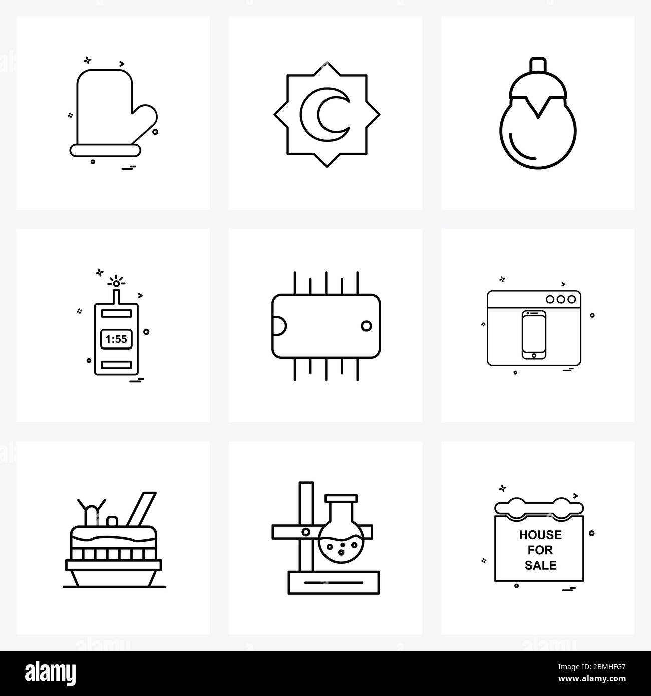 Pixel Perfect Set of 9 Vector Line Icons such as ic, remote, eggplant, device, clicker Vector Illustration Stock Vector