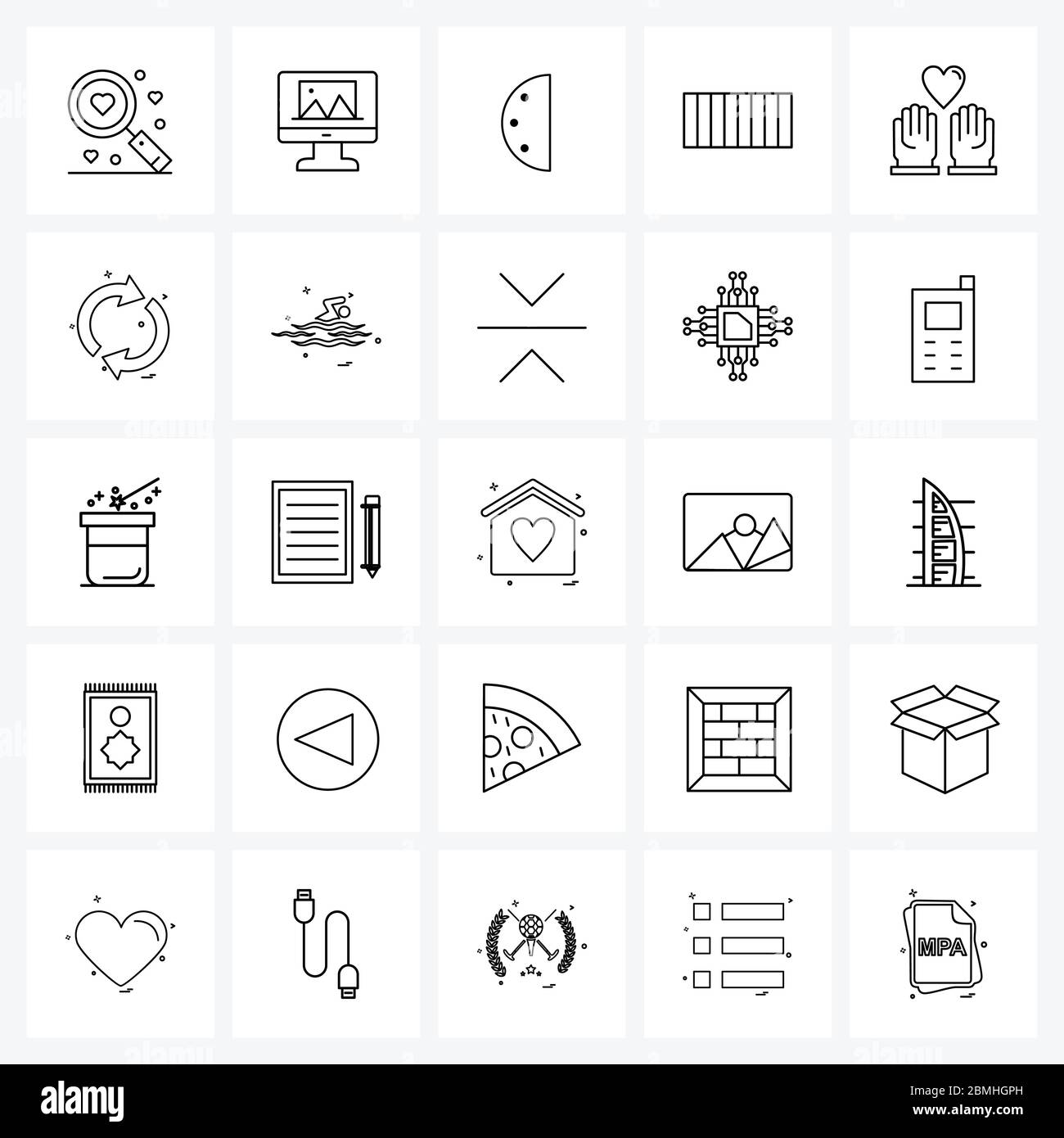 UI Set of 25 Basic Line Icons of pray, loading, clock, container, six ...