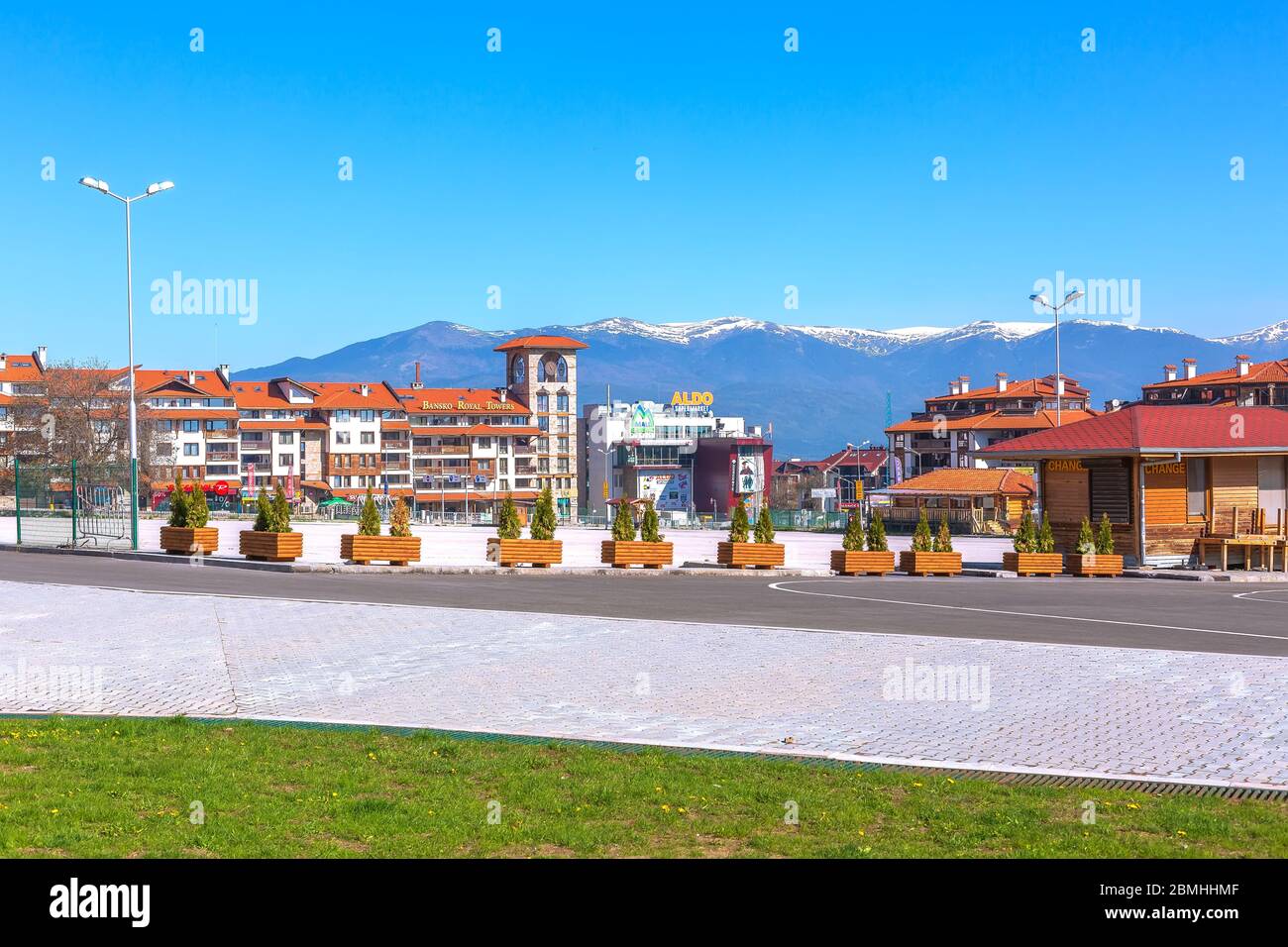 Bansko, - April 14, 2017: Bulgarian resort spring view with aldo, mountains peaks landscape and houses Stock Photo -