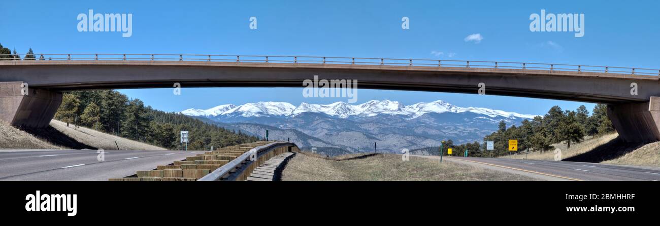The Genesee overpass on I-25 with front range mountains in the background. Stock Photo