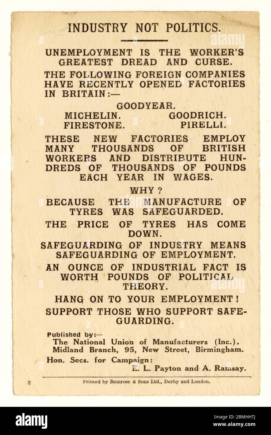 Inter war period leaflet printed by the National Union of Manufacturers urging British Workers to hang onto their employment by supporting those who support the safeguarding of industry (protectionist policies) 'Safeguarding of industry means safeguarding of  employment' it states.  As an example of safeguarding, it gives the British  tyre manufacturing industry which was safeguarded and employed many British workers. Printed in Birmingham, U.K. around the time of the 1929 financial crash and subsequent  Great Depression, circa 1929-1932 . Stock Photo