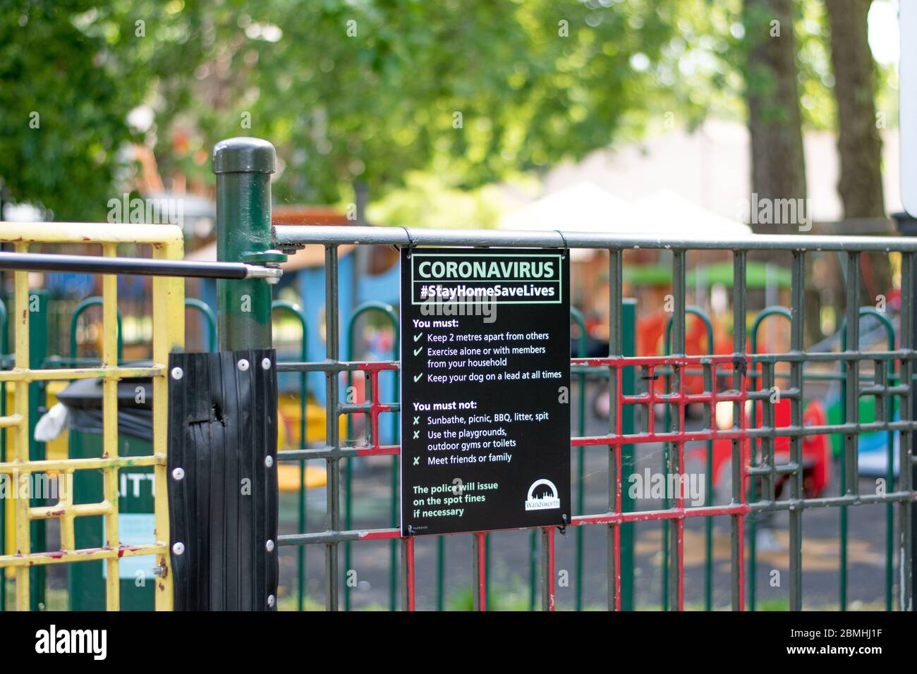 London, United Kingdom - May 09 2020: A notice saying Battersea park children's play area is closed because of the coronavirus. Stock Photo