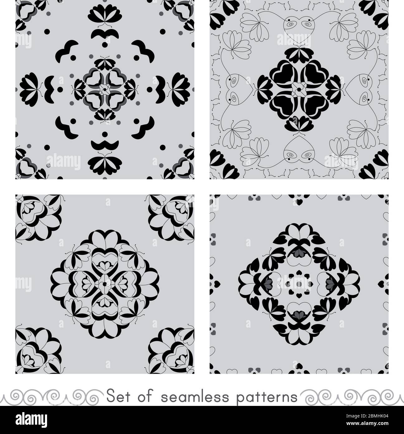 Set of seamless patterns with butterflies and hearts. Light grey color ...