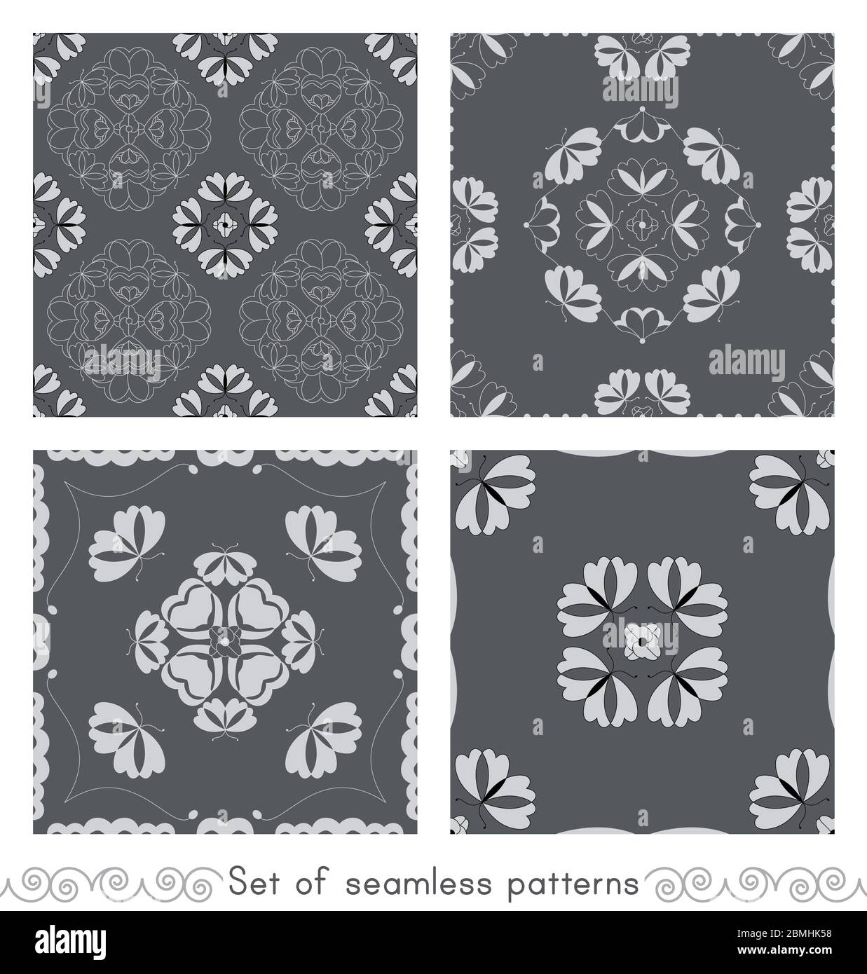 Set of seamless patterns with butterflies and hearts. Color grey, white