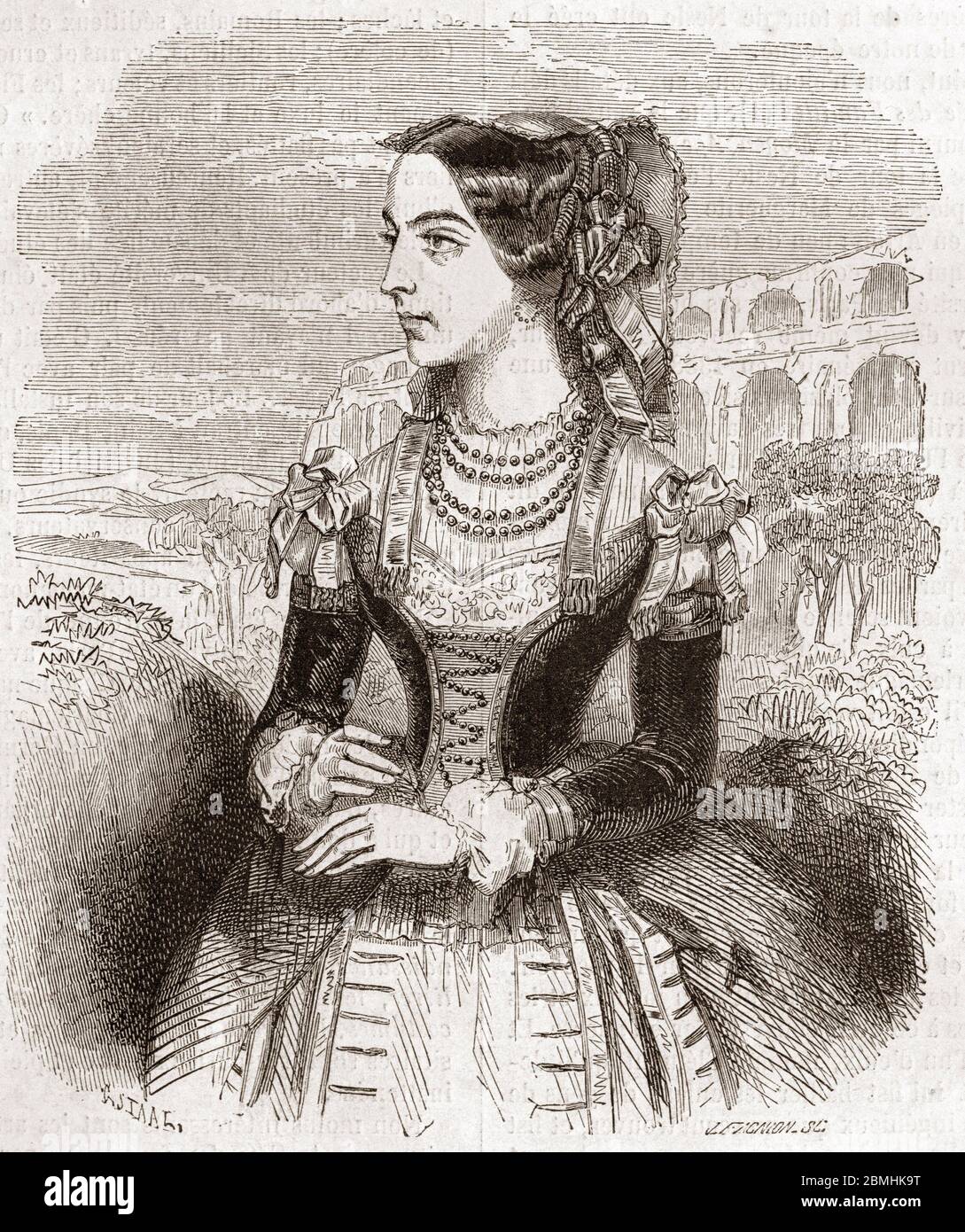 Portrait de Caroline Duprez (1832-1875) comedienne de theatre et chanteuse - Gravure - Portrait of Caroline Duprez (Dupre) comedian and singer - Engra Stock Photo