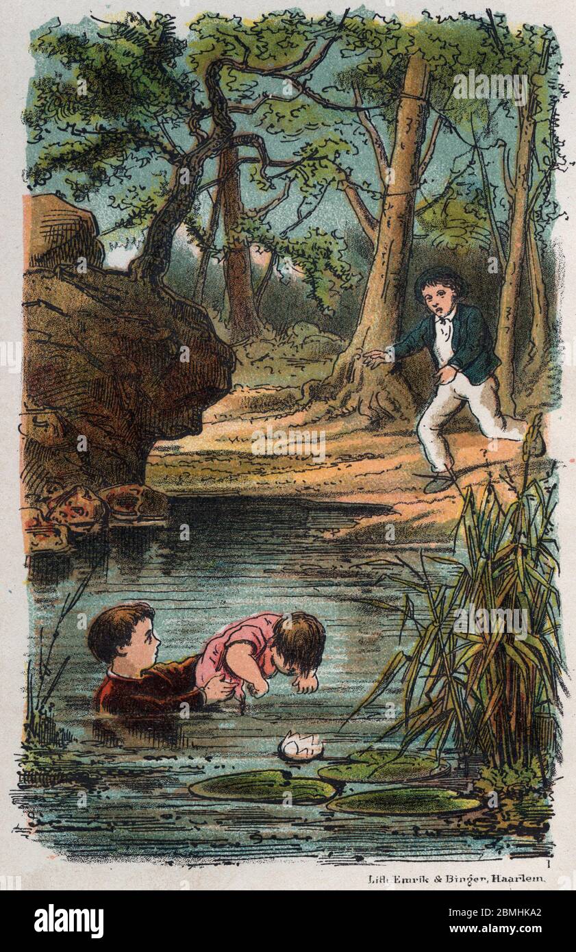 "Lucas un petit garcon de six ans sauve de la noyade un autre enfant" Illustration tiree de "Lucas l'enfant courageux" in "Les braves coeurs" de Morta Stock Photo