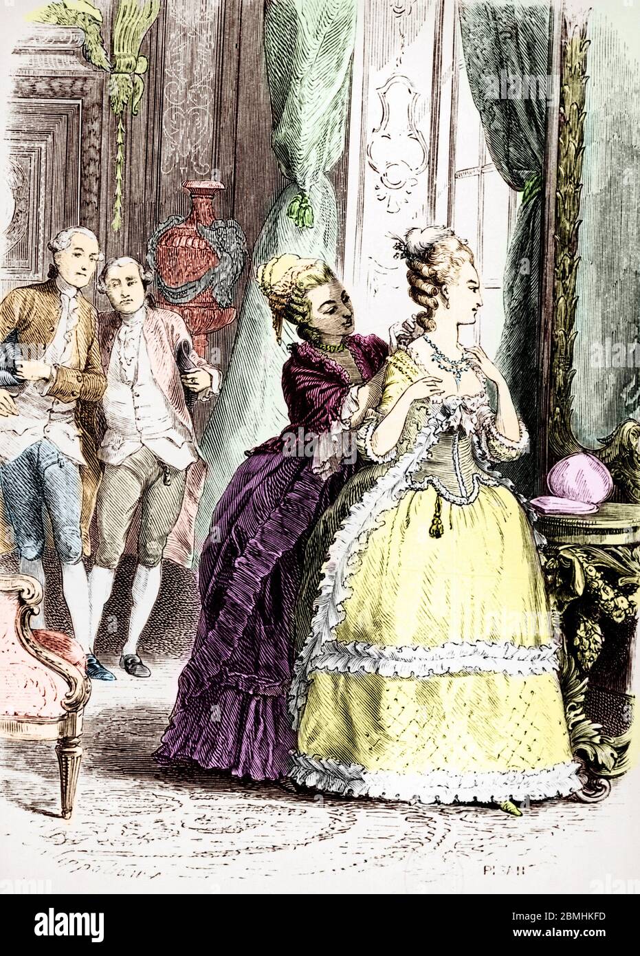 Affaire du collier de la reine : "La reine Marie Antoinette endosse le collier" Illustration tiree de "Le collier de la Reine" d' Alexandre Dumas pere Stock Photo